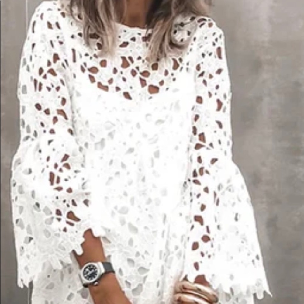 White Shift Crew Neck 3/4 sleeve Boho Dress